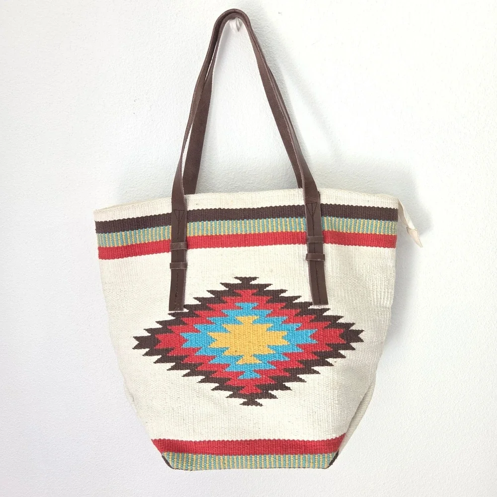 Prüne Woven Southwestern Geometric Tote Bag Cream Red Leather Straps Large